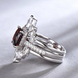 2ct Cushion Cut Red Garnet Crown Trio Set Engagement Ring 14k White Gold Finish