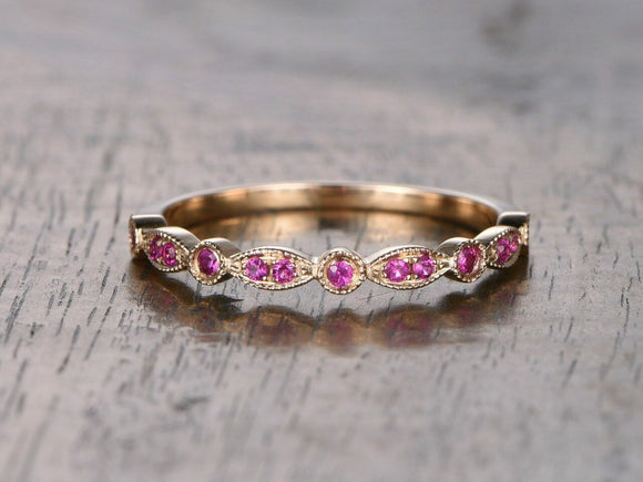 1ct Round Cut Pink Sapphire Wedding Band Vintage Stackable 14k Rose Gold Finish