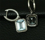 5Ct Emerald Cut Blue Aquamarine Diamond Halo Drop Earrings 14K White Gold Finish