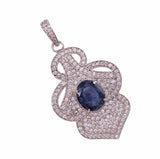 5ct Blue Sapphire Pendant Oval Cut Floral Cocktail 14k WhiteGold Finish NO CHAIN