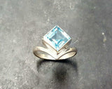 1ct Engagement Ring Asscher Blue Aquamarine Solitaire Curved 14k White Gold Over