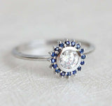 2ct Round Cut Diamond Engagement Ring 14k White Gold Finish Blue Sapphire Floral