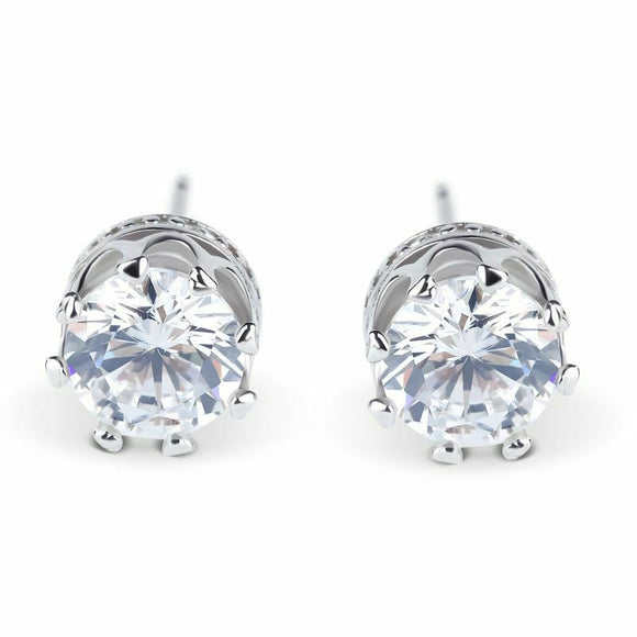 1ct Round Cut Diamond Solitaire Crown Stud Women Earrings 14k White Gold Finish