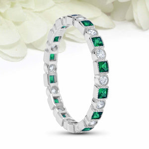 2ct Princess Cut Emerald Wedding Band Full Eternity Milgrain 14k White Gold Over