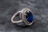 2.5ct Oval Cut Blue Sapphire Diamond Halo Engagement Ring 18k White Gold Finish