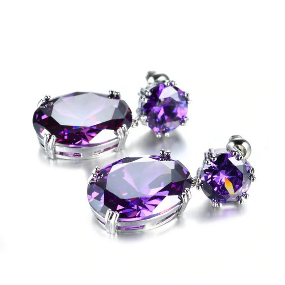 2ct Oval Cut Purple Amethyst Fancy Solitaire Drop Earrings 14k White Gold Finish