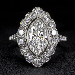 4Ct Marquise Cut Diamond Art Deco Halo Milgrain Vintage Ring 14K White Gold Over