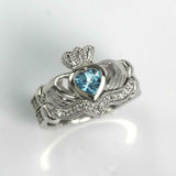 2ct Heart Cut Blue Topaz Engagement Ring Claddagh Bridal Set 14k White Gold Over