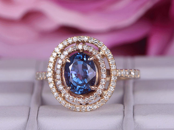 3ct Oval Blue Sapphire Engagement Ring Dual Halo Round Accent 14k Rose Gold Over