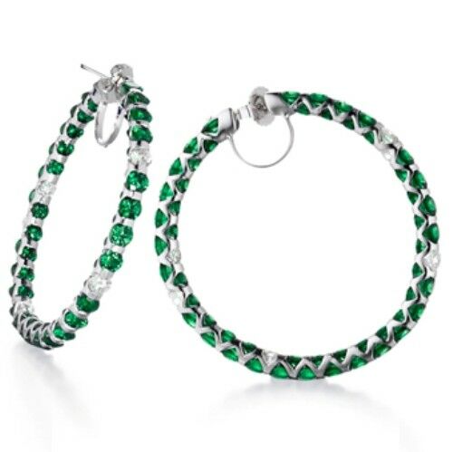 4Ct Round Cut Green Emerald Diamond Inside Out Hoop Earrings 18K White Gold Over