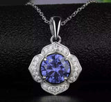 2.3ct Blue Tanzanite Pendant with Chain Round Cut Floral 14k White Gold Finish