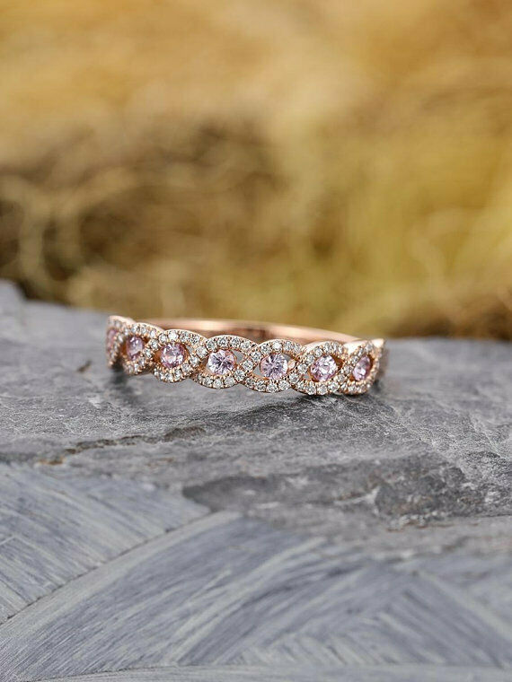 2ct Round Pink Sapphire Infinity Twisted Half Eternity Band 18k Rose Gold Finish