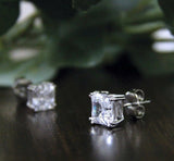 Solitaire Stud Earrings 1ct Asscher Brilliant Cut Diamond 14k White Gold Finish