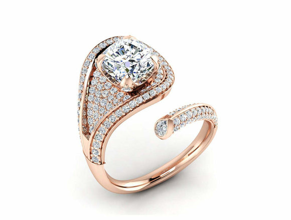 Open Cocktail Bypass Engagement Ring 2.5ct Cushion Cut Diamond 14k RoseGold Over