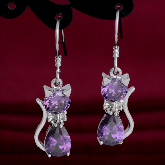 3Ct Pear Cut Purple Amethyst Kitten Cat Design Drop Earrings 14K White Gold Over