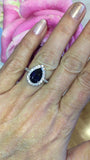 3ct Pear Cut Blue Sapphire Engagement Ring Diamond Halo 14k White Gold Finish