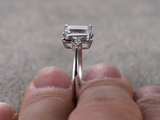 0.7ct Emerald Cut Blue Aquamarine Engagement Ring Trilogy 14k White Gold Finish