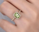 2Ct Emerald Cut Green Peridot Halo Solitaire Engagement Ring 14K Rose Gold Over