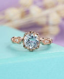 1.2ct Round Blue Aquamarine Engagement Ring Vintage Art Deco 14k Rose Gold Over