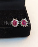 1ct Oval Cut Simulated Pink Ruby Floral Halo Stud Earrings 14k White Gold Plated