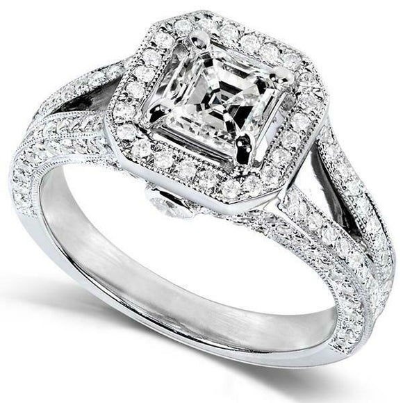 4Ct Asscher Cut Diamond Milgrain Elegant Halo Vintage Ring 14K White Gold Finish