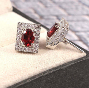 3ct Stud Earrings Oval Cut Red Garnet Diamond Square Halo 14k White Gold Finish