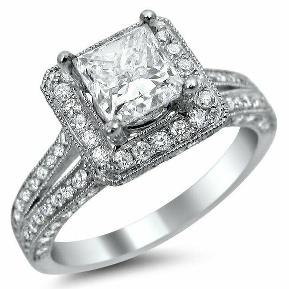 3.2Ct Princess Cut Diamond Split Band Halo Engagement Ring 14K White Gold Finish