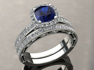 3ct Cushion Cut Blue Sapphire Halo Milgrain Bridal Set Ring 14k WhiteGold Finish