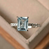 2ct Emerald Cut Blue Aquamarine Engagement Ring Bridal Set 14k White Gold Finish