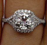 3Ct Cushion Cut Diamond Halo Split Band Engagement Ring 18K White Gold Finish