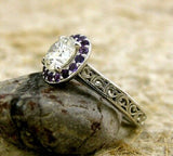 2Ct Round Cut Diamond Amethyst Halo Engagement Ring 14K White Gold Finish