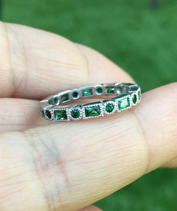 2ct Baguette Round Green Emerald Half Eternity Wedding Band 14k White Gold Over