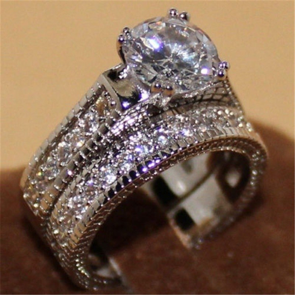 Antique Vintage Bridal Set Ring 2.3ct Round Cut Diamond 14k White Gold Finish