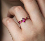 1.2ct Princess Cut Pink Ruby Engagement Ring 14k Yellow Gold Over Unique Cluster