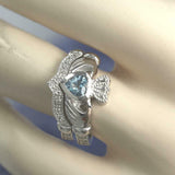 2ct Heart Cut Blue Topaz Engagement Ring Claddagh Bridal Set 14k White Gold Over