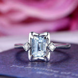 1.3ct Emerald Cut Blue Aquamarine Engagement Ring Trilogy 14k White Gold Finish