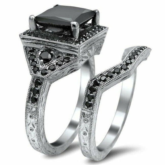 5Ct Princess Cut Black Diamond Vintage Bridal Set Ring Band 14K White Gold Over