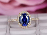 1.6ct Oval Cut Blue Sapphire Diamond Accents Halo Ring 14k Yellow Gold Finish