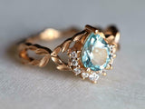 2ct Engagement Ring Pear Cut Blue Aquamarine Leaves Accent 14k YellowGold Finish