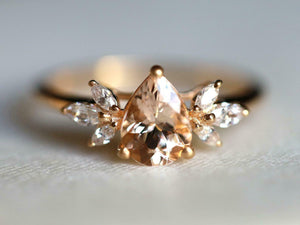 1.6ct Engagement Ring Pear Cut Peach Morganite Leaf Accent 14k Yellow Gold Over