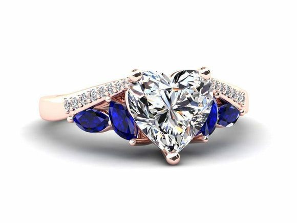 2ct Heart Cut Diamond Art Deco Sapphire Accent Engagement Ring 14k RoseGold Over