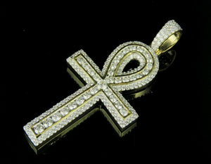 2.7ct Round Cut VVS1D Diamond Pendant Egyptian Ankh Cross 14k Yellow Gold Finish