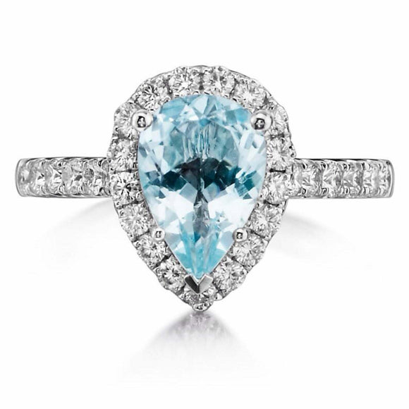 2ct Pear Cut Blue Aquamarine Engagement Ring Diamond Halo 14k White Gold Finish