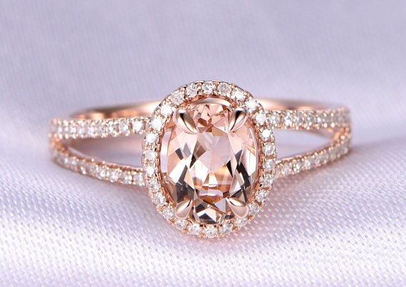 2.6ct Oval Cut Morganite Engagement Ring Halo Split Shank 14k Rose Gold Finish