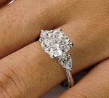 4Ct Cushion Cut Diamond Trilogy Engagement Ring 14K White Gold Over Pear Accents