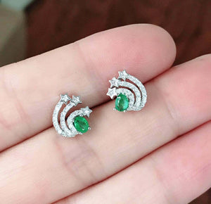 1.5ct Stud Earrings Oval Cut Green Emerald Shooting Star 14k White Gold Finish