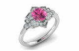 2.2ct Round Cut Pink Sapphire Flower Milgrain Halo Ring 14k White Gold Finish