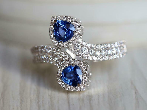 4ct Engagement Ring Pear Cut Blue Sapphire Cocktail Bypass 14k White Gold Finish