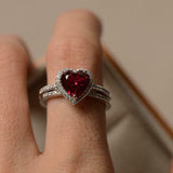 2.2ct Heart Cut Pink Ruby Engagement Ring Bridal Set Halo 14k White Gold Finish