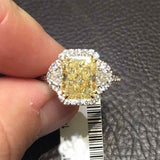 5Ct Radiant Cut Yellow Sapphire Iced Halo Engagement Ring 14K White Gold Finish